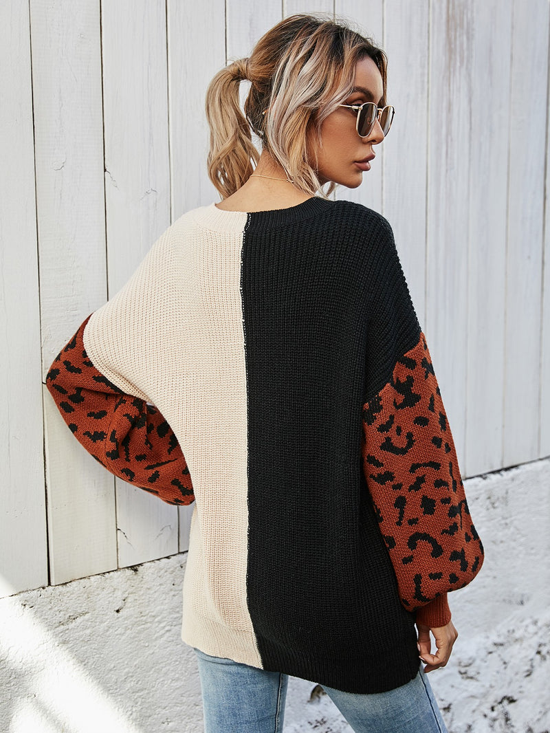 Leopard Color Block V-Neck Tunic Pullover Sweater