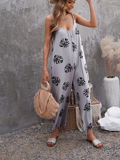 Magnolia Printed Spaghetti Strap Jumpsuit with Pockets