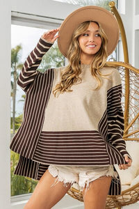 Delilah Striped Contrast Long Sleeve Slit Top