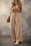 Daisy Waffle-Knit Drawstring Wide Strap Jumpsuit