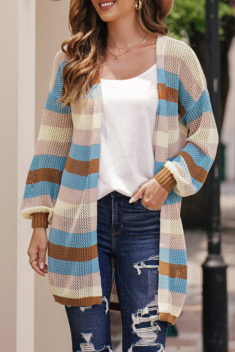 Striped Long Sleeve Openwork Cardigan