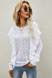 Openwork Round Neck Ruffled Sweater