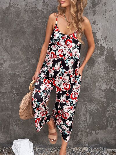 Magnolia Printed Spaghetti Strap Jumpsuit with Pockets