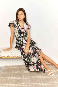 Oakley Double Take Floral Flutter Sleeve Tie-Waist Split Dress