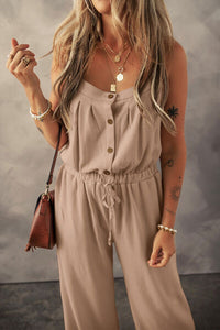 Daisy Waffle-Knit Drawstring Wide Strap Jumpsuit