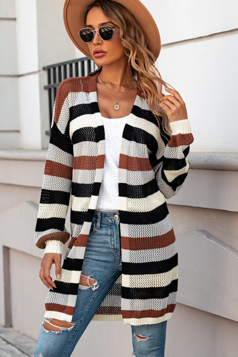 Striped Long Sleeve Openwork Cardigan