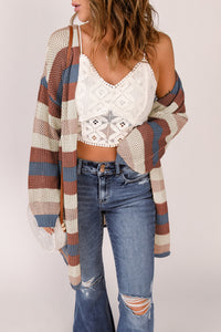 Striped Long Sleeve Openwork Cardigan