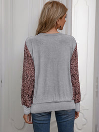 Leopard Print Round Neck Dolman Sleeve Blouse